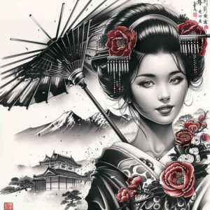 geisha-in-delicate-style-for-men – tattoo design ideas free ai generated – surrealism-hallucinogenic – for-forearm – Gallery: geisha-inkby-ai