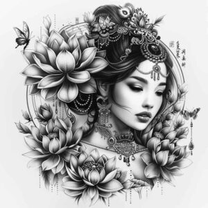 geisha-in-motion – tattoo design ideas free ai generated – neotraditional-strong-contrast – for-back-of-neck – Gallery: geisha-inkby-ai