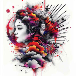 geisha-in-motion – tattoo design ideas free ai generated – surrealism-displaced-objects – for-behind-ear – Gallery: geisha-inkby-ai