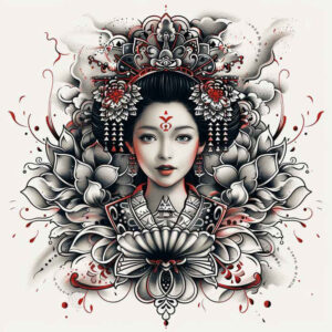 geisha-in-motion – tattoo design ideas free ai generated – surrealism-imperfect-symmetry – for-lower-arm – Gallery: geisha-inkby-ai