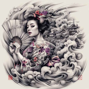 geisha-in-motion – tattoo design ideas free ai generated – surrealism-impossible-forms – for-inner-arm – Gallery: geisha-inkby-ai