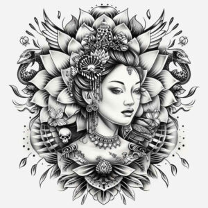 geisha-in-shadow – tattoo design ideas free ai generated – surrealism-translucent-layers – for-heel – Gallery: geisha-inkby-ai