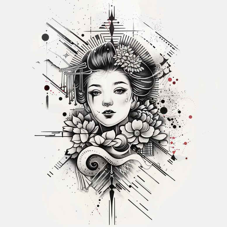 geisha-in-tradition – tattoo design ideas free ai generated – surrealism-phantasmagoria – for-nape – Gallery: geisha-inkby-ai