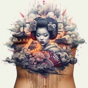geisha-kimono-pattern – tattoo design ideas free ai generated – surrealism-melting-forms – for-shin – Gallery: geisha-inkby-ai