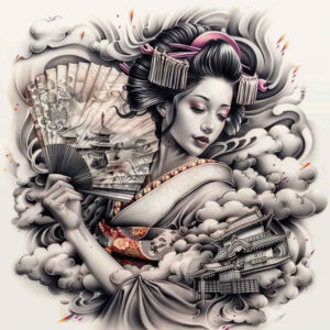 geisha-ornamental-tattoo – tattoo design ideas free ai generated – neotraditional-classic-motifs – for-back-of-neck – Gallery: geisha-inkby-ai