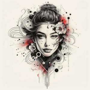 geisha-spirit – tattoo design ideas free ai generated – realism-rich-blacks – for-behind-ear – Gallery: geisha-inkby-ai