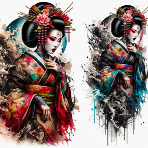 geisha-symbol – tattoo design ideas free ai generated – neotraditional-dynamic-color – for-side – Gallery: geisha-inkby-ai