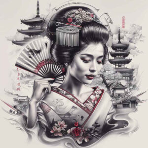 geisha-symbol – tattoo design ideas free ai generated – realism-balanced-light – for-upper-shoulder – Gallery: geisha-inkby-ai