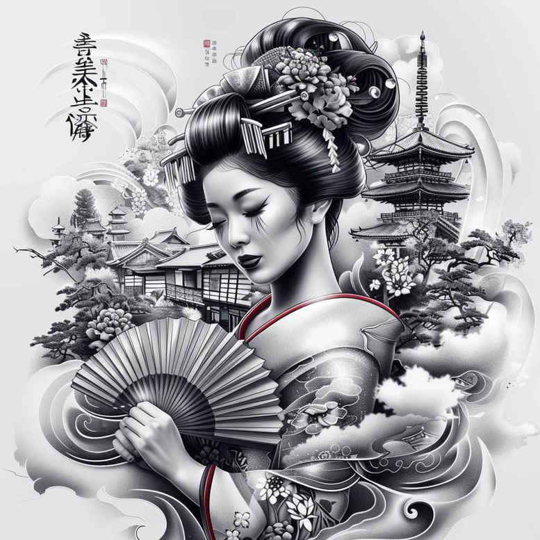 geisha-symbol-of-femininity – tattoo design ideas free ai generated – neotraditional-sharp-edges – for-sternum – Gallery: geisha-inkby-ai