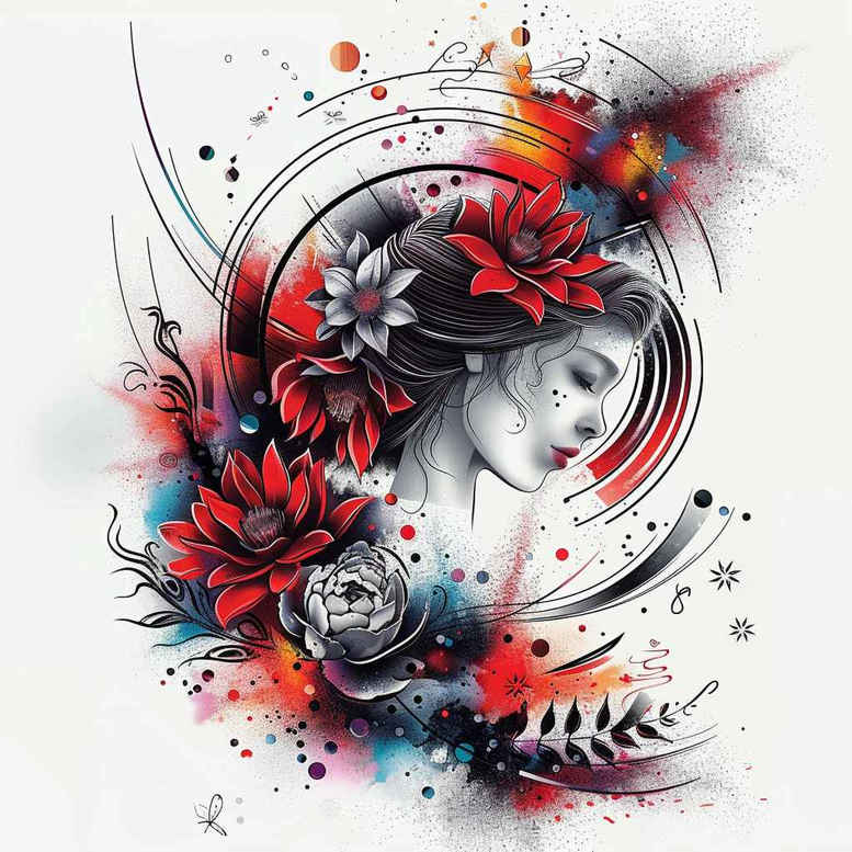 geisha-symbol-of-femininity – tattoo design ideas free ai generated – surrealism-dreamlike – for-ankle – Gallery: geisha-inkby-ai