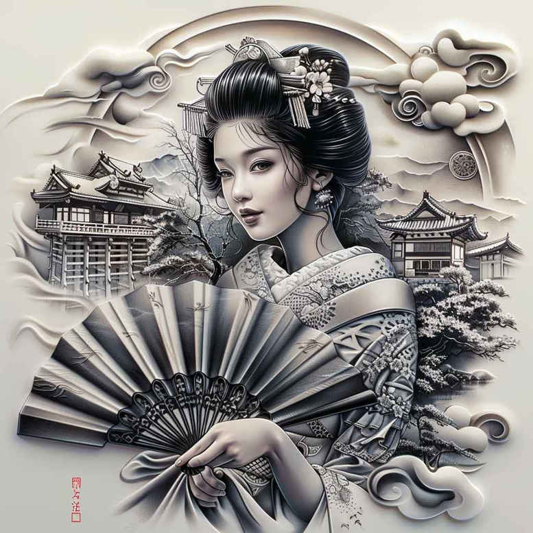 geisha-tattoo-design – tattoo design ideas free ai generated – surrealism-disorienting – for-calf – Gallery: geisha-inkby-ai