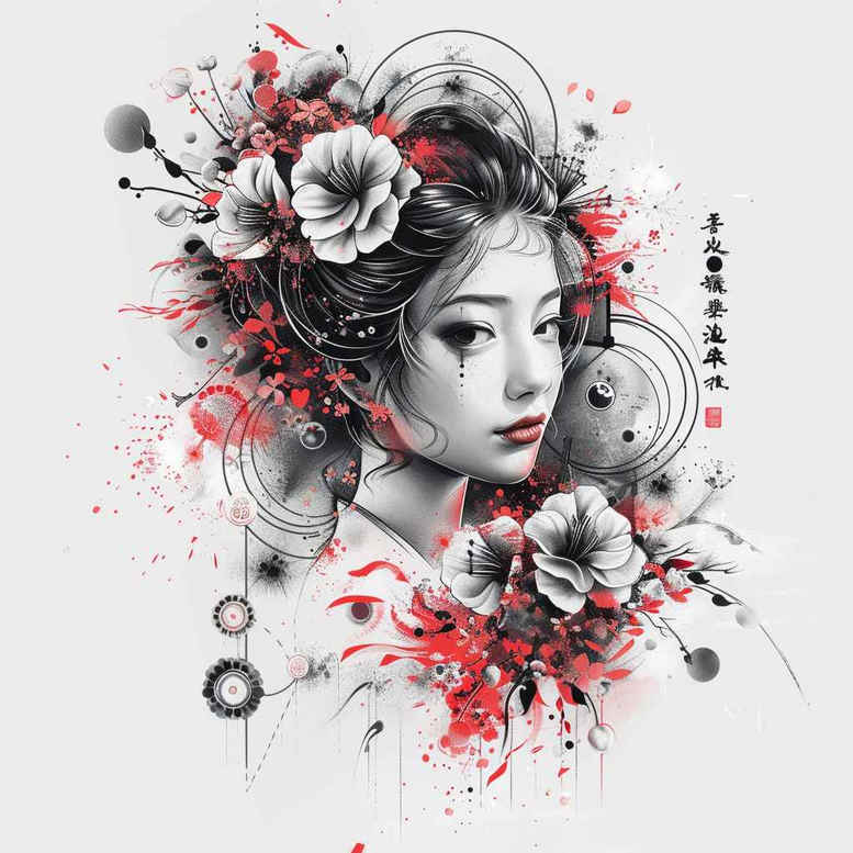 geisha-tattoo-design – tattoo design ideas free ai generated – surrealism-shimmering-forms – for-back-of-neck – Gallery: geisha-inkby-ai