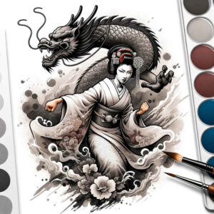geisha-tattoo – tattoo design ideas free ai generated – realism-mirrored-effect – for-outer-arm – Gallery: geisha-inkby-ai