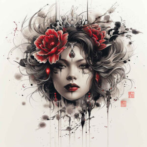geisha-tattoo – tattoo design ideas free ai generated – surrealism-fantastical – for-upper-chest – Gallery: geisha-inkby-ai