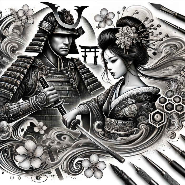 geisha-with-feathers – tattoo design ideas free ai generated – neotraditional-accent-shading – for-forearm – Gallery: geisha-inkby-ai