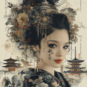 geisha-with-feathers – tattoo design ideas free ai generated – realism-dynamic-shadows – for-hand – Gallery: geisha-inkby-ai