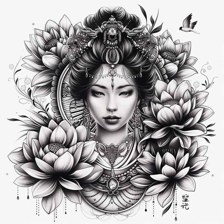 geisha-with-feathers – tattoo design ideas free ai generated – realism-micro-realism – for-forearm – Gallery: geisha-inkby-ai