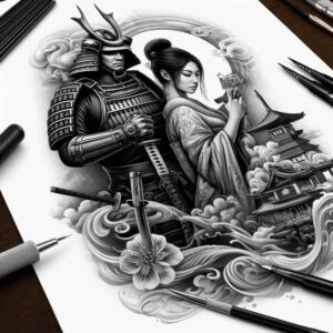 geisha-with-feathers – tattoo design ideas free ai generated – surrealism-fantastical-elements – for-arm – Gallery: geisha-inkby-ai
