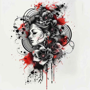 geisha-with-flowers – tattoo design ideas free ai generated – neotraditional-layered-fill – for-full-back – Gallery: geisha-inkby-ai