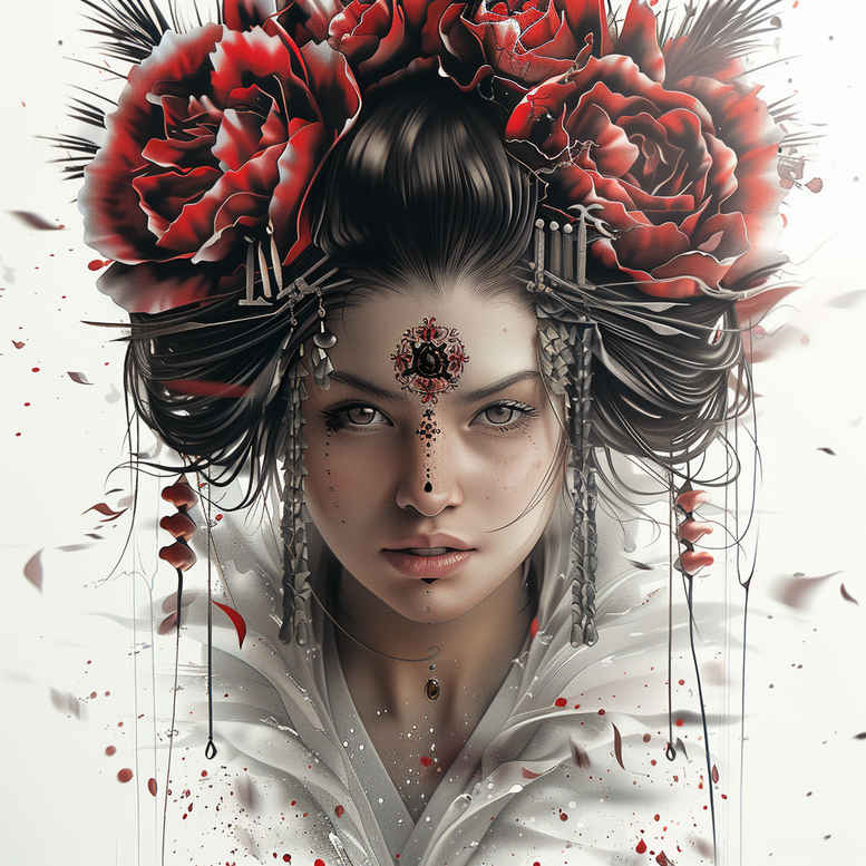 geisha-with-flowers – tattoo design ideas free ai generated – realism-form-fidelity – for-hand – Gallery: geisha-inkby-ai