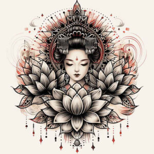 geisha-with-flowers – tattoo design ideas free ai generated – realism-rich-blacks – for-upper-chest – Gallery: geisha-inkby-ai