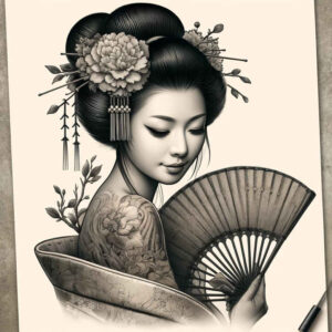 geisha-with-line – tattoo design ideas free ai generated – neotraditional-artistic-shading – for-temple – Gallery: geisha-inkby-ai