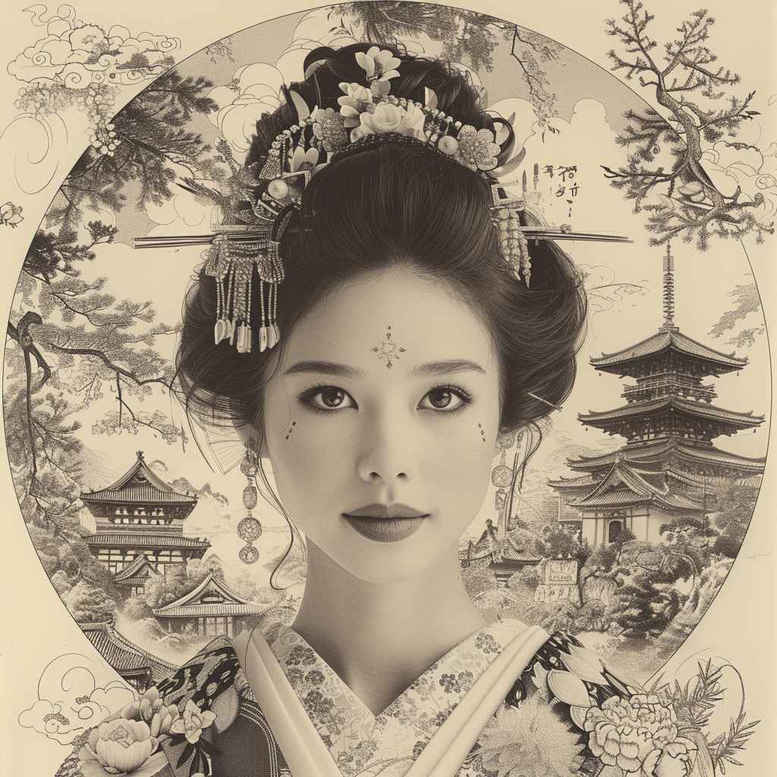 geisha-with-line – tattoo design ideas free ai generated – surrealism-ghostly-shapes – for-upper-thigh – Gallery: geisha-inkby-ai