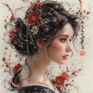 geisha-with-lines – tattoo design ideas free ai generated – neotraditional-refined-lines – for-shoulder – Gallery: geisha-inkby-ai