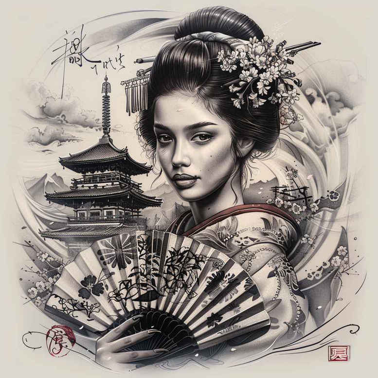 geisha-with-lines – tattoo design ideas free ai generated – realism-precise-gradient – for-nape – Gallery: geisha-inkby-ai