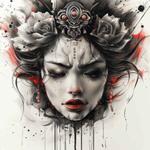 geisha-with-makeup – tattoo design ideas free ai generated – neotraditional-bold-outline – for-collarbone – Gallery: geisha-inkby-ai