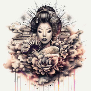 geisha-with-ornament – tattoo design ideas free ai generated – neotraditional-dynamic-linework – for-palm – Gallery: geisha-inkby-ai