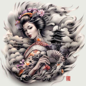 geisha-with-ornament – tattoo design ideas free ai generated – surrealism-fantasy-inspired – for-stomach – Gallery: geisha-inkby-ai