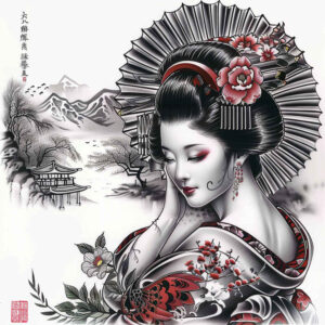geisha-with-ornamentation – tattoo design ideas free ai generated – neotraditional-rich-shading – for-fingers – Gallery: geisha-inkby-ai