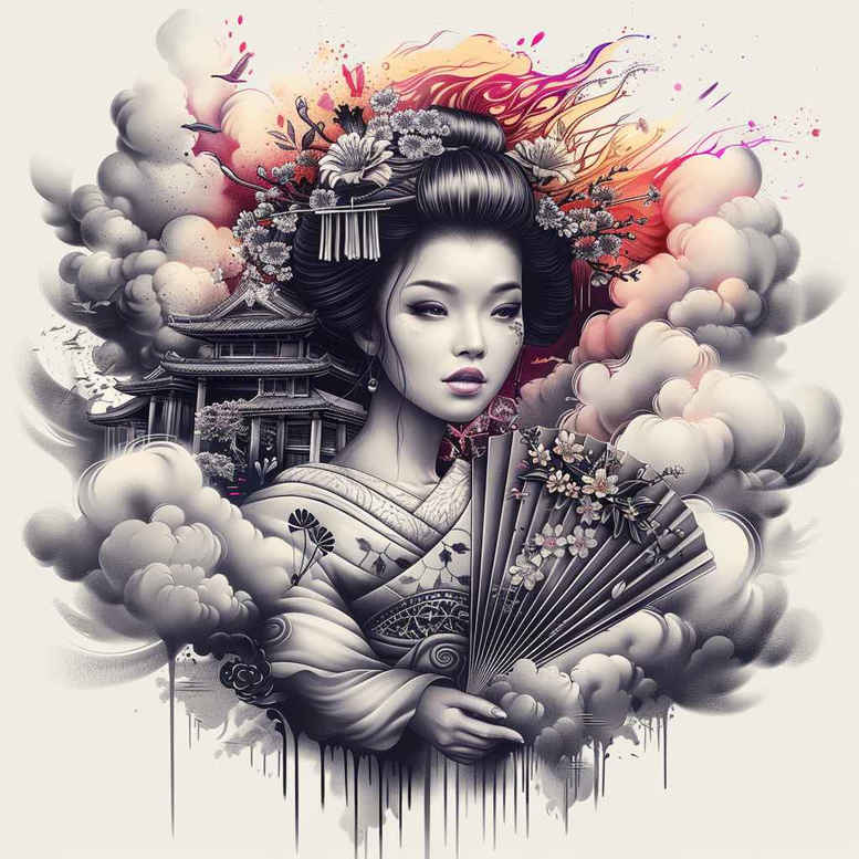 geisha-with-ornamentation – tattoo design ideas free ai generated – neotraditional-rich-shading – for-wrist-side – Gallery: geisha-inkby-ai