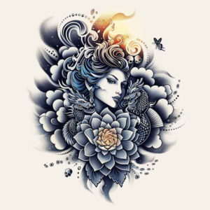geisha-with-shadows – tattoo design ideas free ai generated – neotraditional-crisp-lines – for-collarbone – Gallery: geisha-inkby-ai