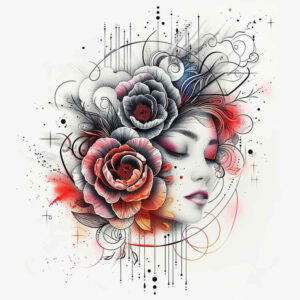 geisha-with-shadows – tattoo design ideas free ai generated – surrealism-enigmatic-aura – for-behind-ear – Gallery: geisha-inkby-ai