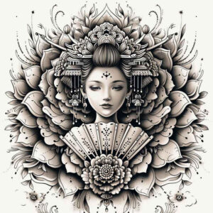 geishas – tattoo design ideas free ai generated – surrealism-morphic-transformation – for-shoulder-blade – Gallery: geisha-inkby-ai