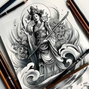 kimono-geisha – tattoo design ideas free ai generated – neotraditional-layered-fill – for-collarbone – Gallery: geisha-inkby-ai