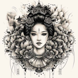 kimono-geisha – tattoo design ideas free ai generated – neotraditional-layered-inks – for-upper-thigh – Gallery: geisha-inkby-ai