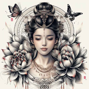 kimono-geisha – tattoo design ideas free ai generated – surrealism-esoteric – for-triceps – Gallery: geisha-inkby-ai