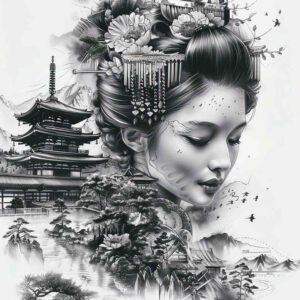 mysterious-geisha – tattoo design ideas free ai generated – neotraditional-precise-lines – for-upper-shoulder – Gallery: geisha-inkby-ai