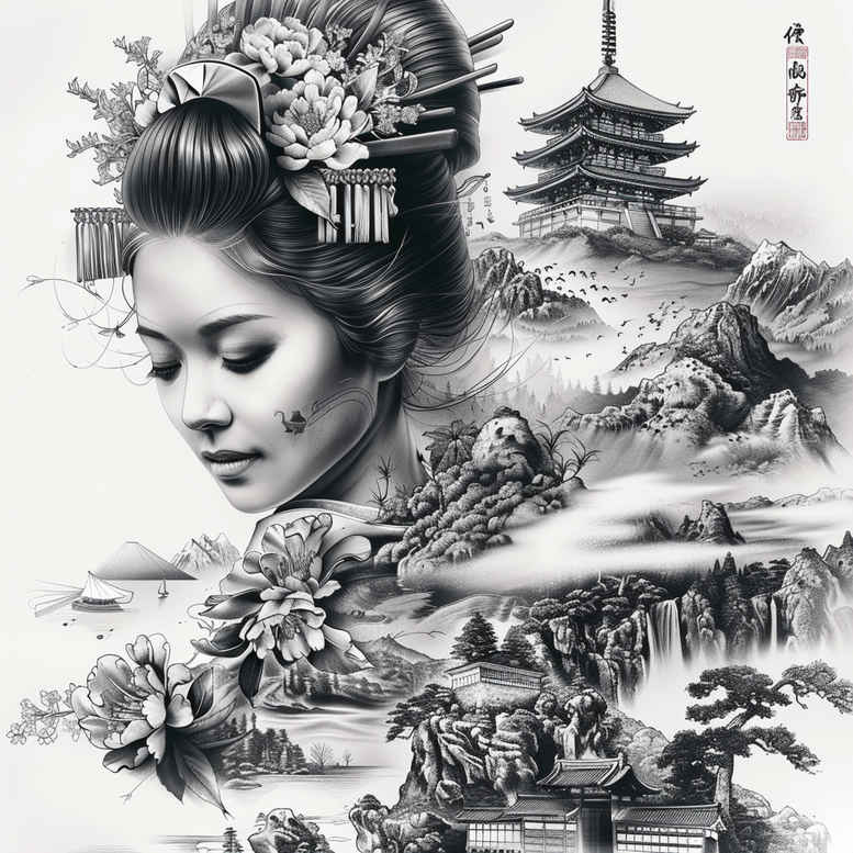 mysterious-geisha – tattoo design ideas free ai generated – neotraditional-vivid-hues – for-ankle – Gallery: geisha-inkby-ai
