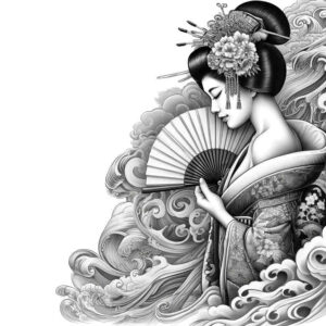 mystical-geisha – tattoo design ideas free ai generated – neotraditional-dynamic-composition – for-temple – Gallery: geisha-inkby-ai