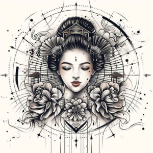 mystical-geisha – tattoo design ideas free ai generated – neotraditional-rich-shading – for-lower-leg – Gallery: geisha-inkby-ai