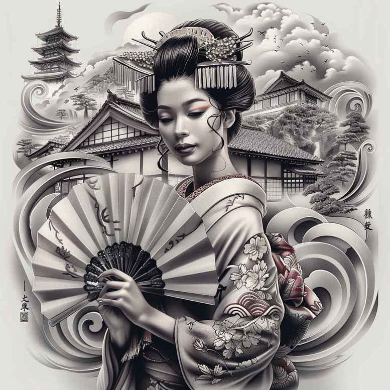 spiritual-geisha – tattoo design ideas free ai generated – surrealism-symbolic-motifs – for-side-torso – Gallery: geisha-inkby-ai