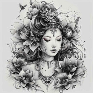 geisha tattoo design ideas textural detail artistic for collarbone