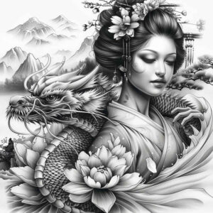 geisha tattoo design ideas Neotraditional dynamic color cultural heritage for temple