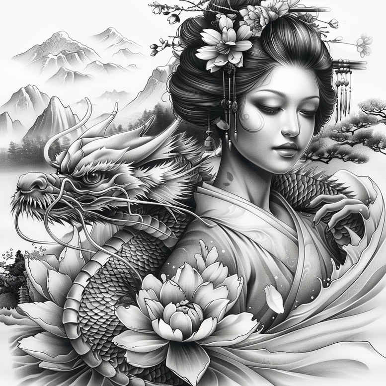 geisha tattoo design ideas Neotraditional dynamic color cultural heritage for temple