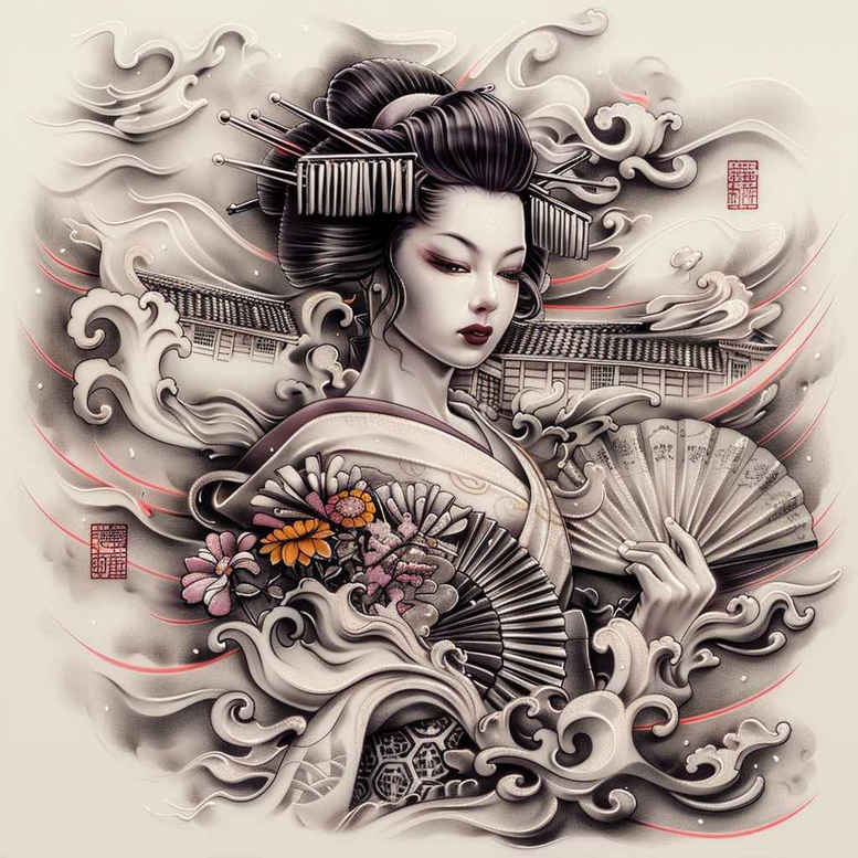 geisha tattoo design ideas Surrealism vibrant contrasts delicate shading shows courage