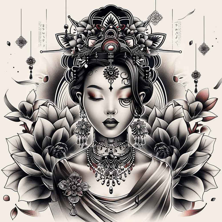 geisha tattoo design ideas saturated hues detailed faces for upper thigh